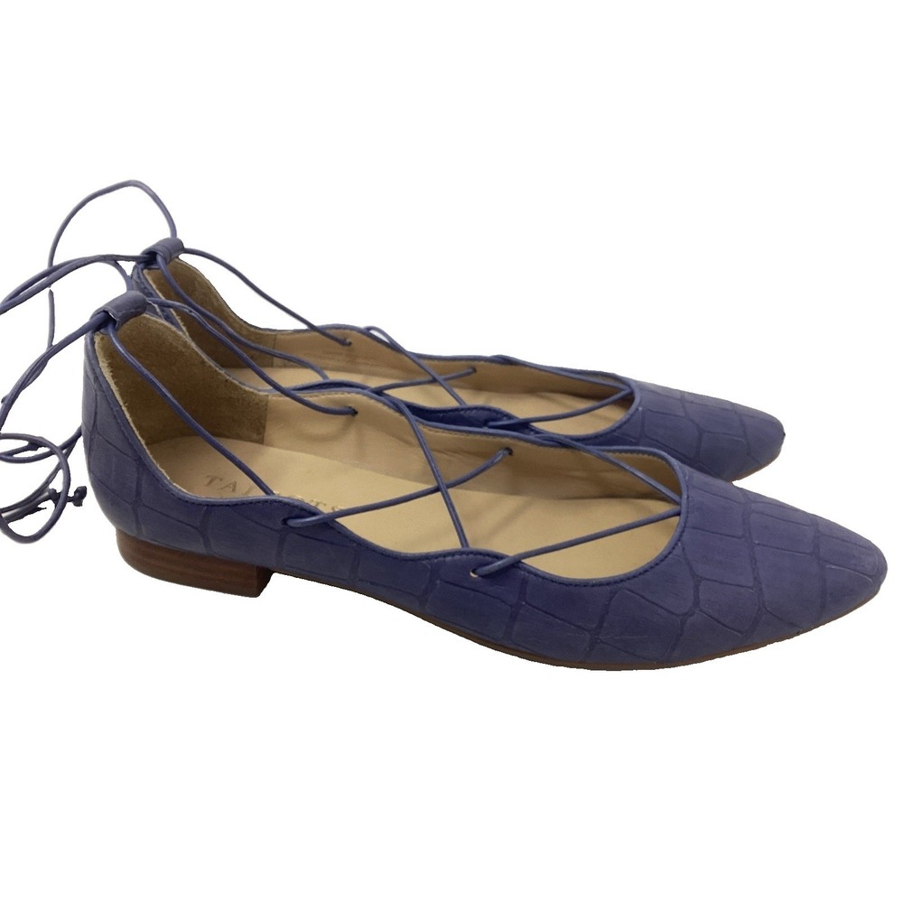 Talbots Edison Lace Up Periwinkle Blue Leather Croc Embossed Ballet Flats 7